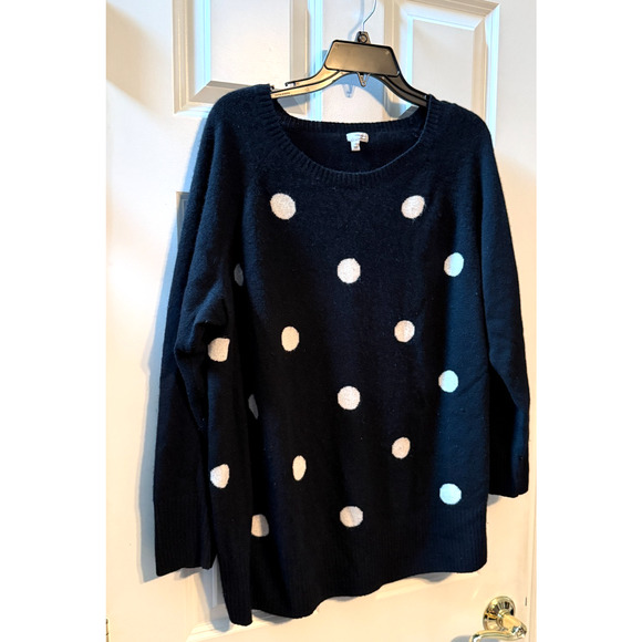 Halogen Cashmere Size 2X Dark Navy Black White Polka Dot Crew Neck Sweater - Picture 2 of 7